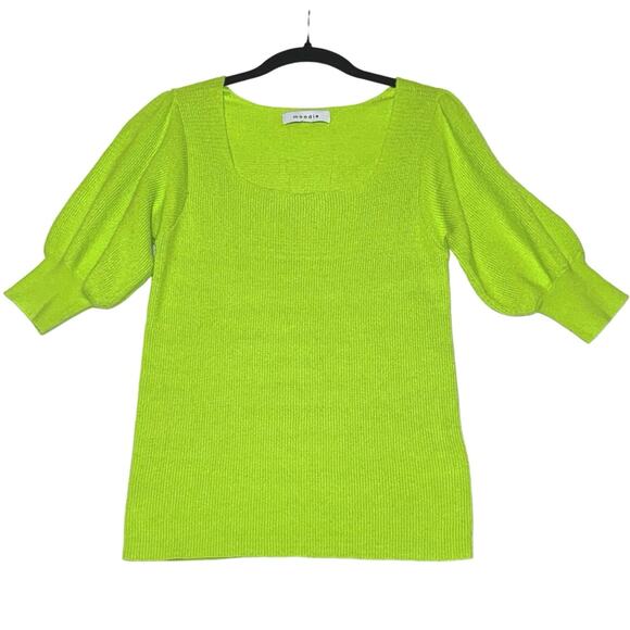 Moodie Short Sleeve Sweater Lime Green sz Small Square Neck Puff Sleeve SOFT - Picture 1 of 10